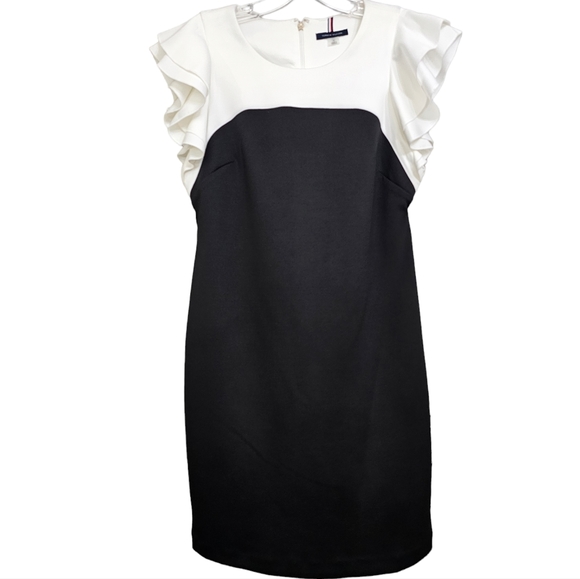 Tommy Hilfiger Nwot White/Black Colorblock Flutter Cap Sleeve Scuba Sheath Dress - Picture 15 of 16